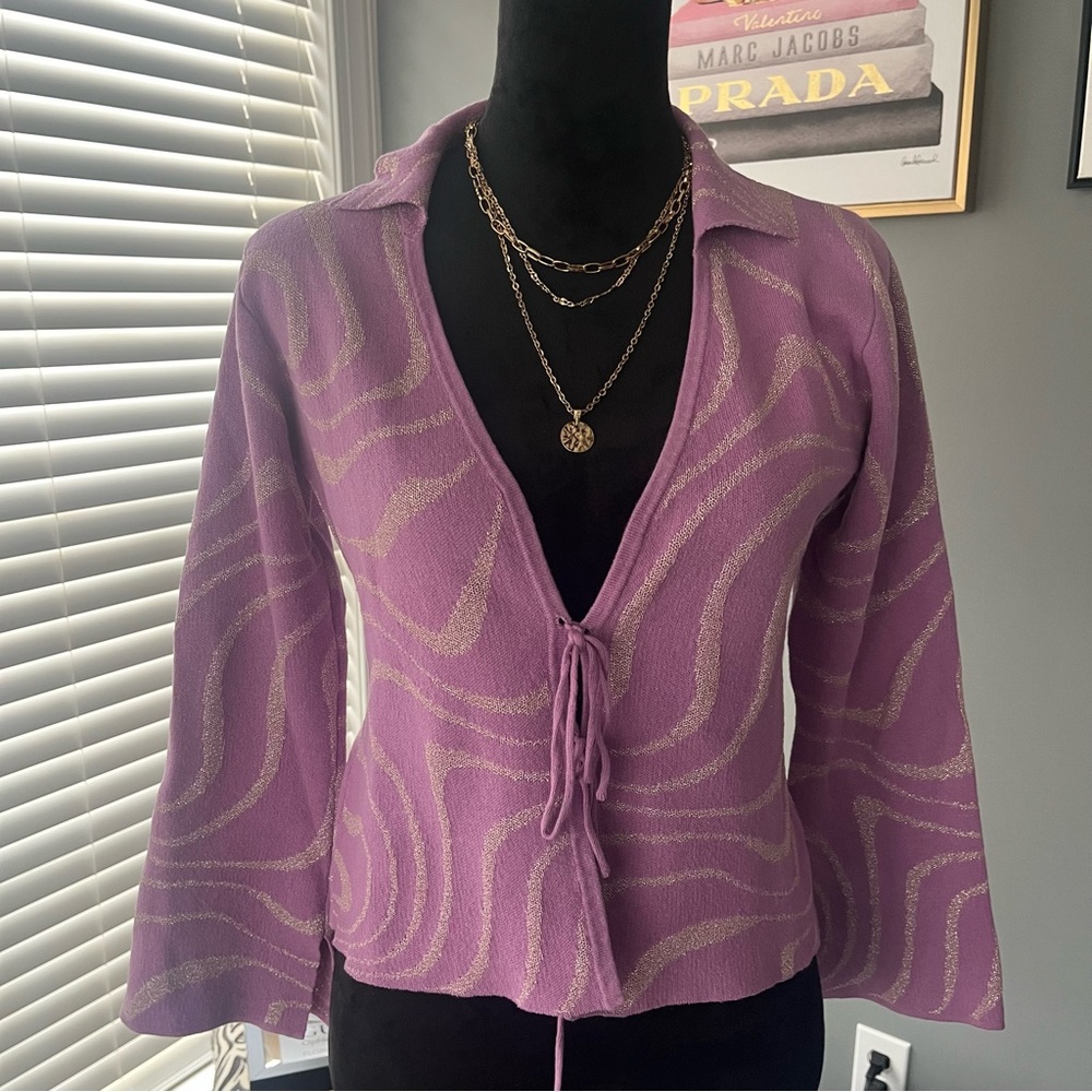 Another Girl Purple & Silver Tie Front Sweater
